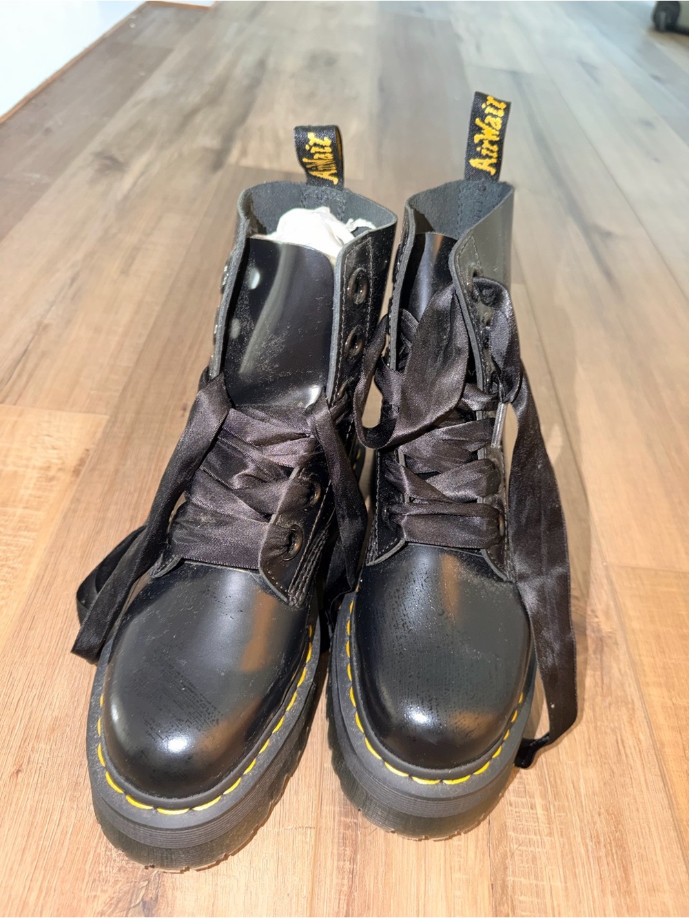 Dr. Martens Black Leather Lace-Up Platform Boots with Yellow Stitching